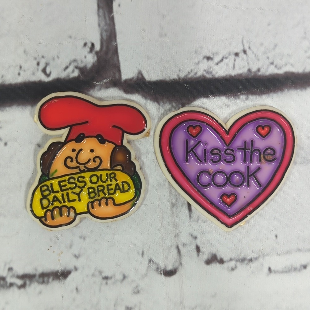 Vintage‎ Refrigerator Fridge Magnets Lot of 2 Kiss the Cook Daily Bread